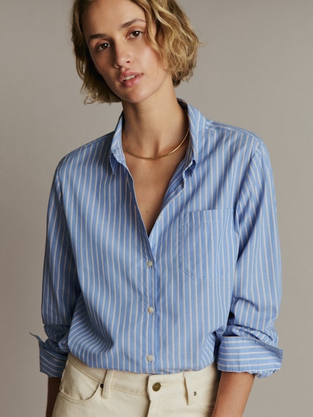 Sezane Blue stripe tomboy button down academia cotton collared shirt 0